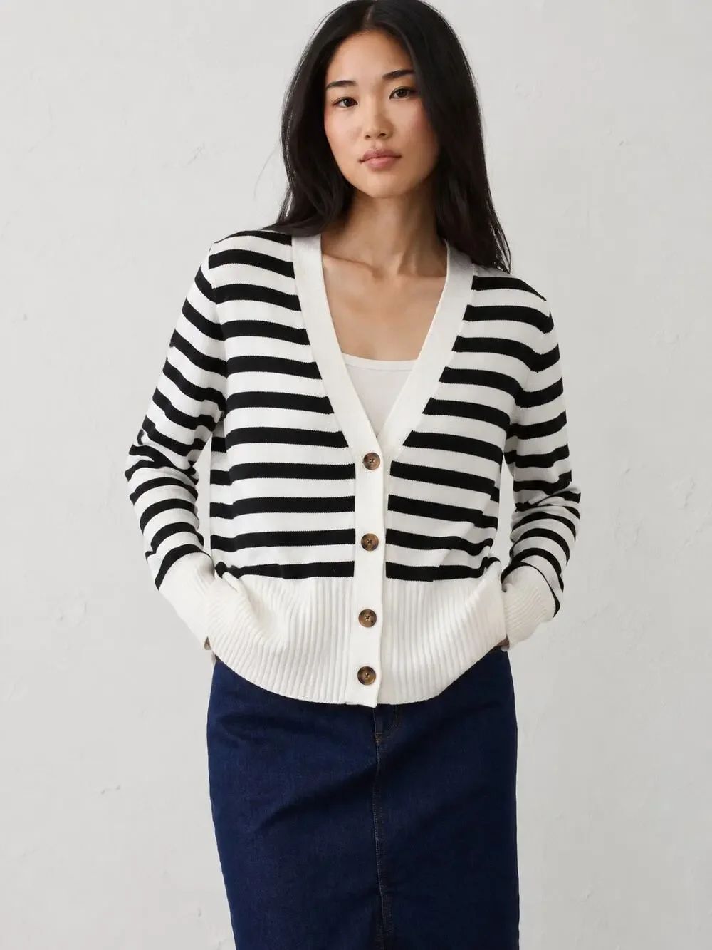 NWT T Tahari Striped V Neck Cardigan S Black White Button Front Preppy Sweater